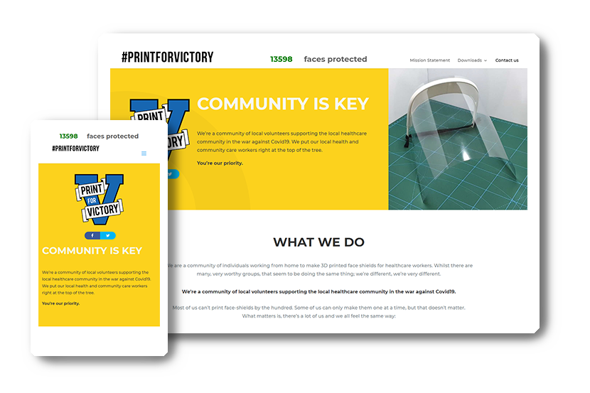 A preview of the #printforvictory website in desktop & mobile view