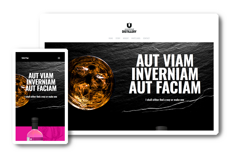 A preview of the Unconventional Distillery website in desktop & mobile view